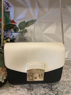 Furla Black & Cream Leather & Suede Crossbody with Gold Hardware VERY NICE!
